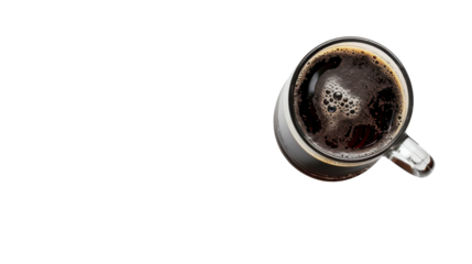 Glass mug full of coffee with foam on transparent background