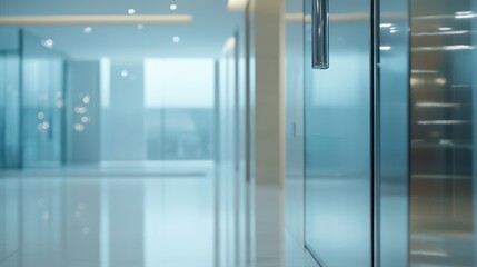 A glass door stands in a well-lit hallway, showcasing a modern design and inviting ambiance, enhancing the overall aesthetic of the space.
