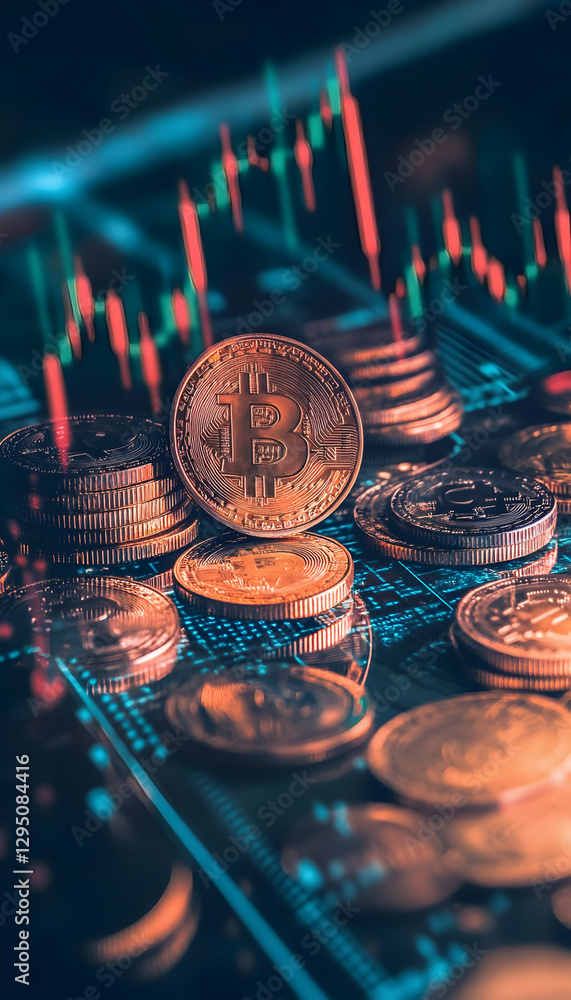 Poster Coins with a candlestick graph chart and digital background for trading concepts  - 