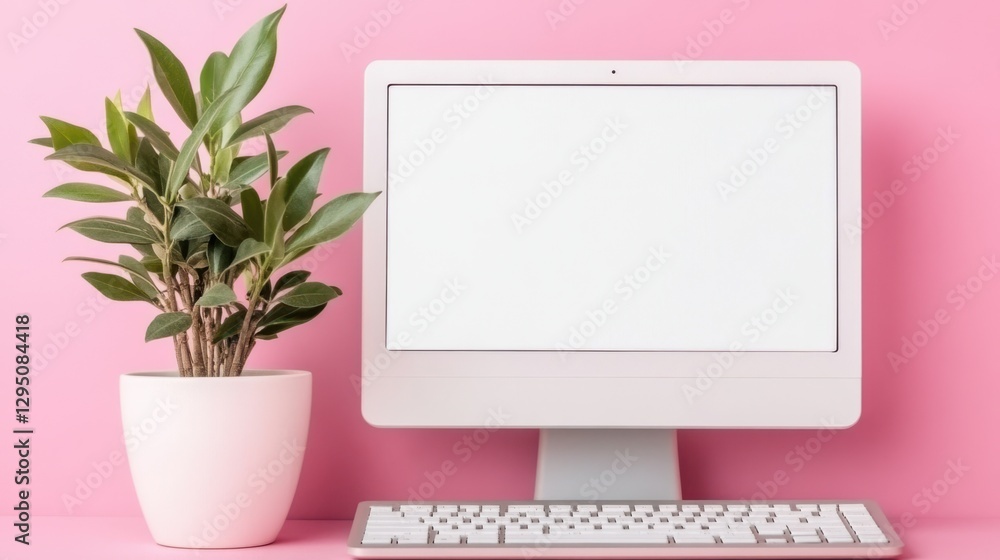 Poster a vibrant pink desk showcases a sleek computer monitor and a modern keyboard, creating a stylish wor