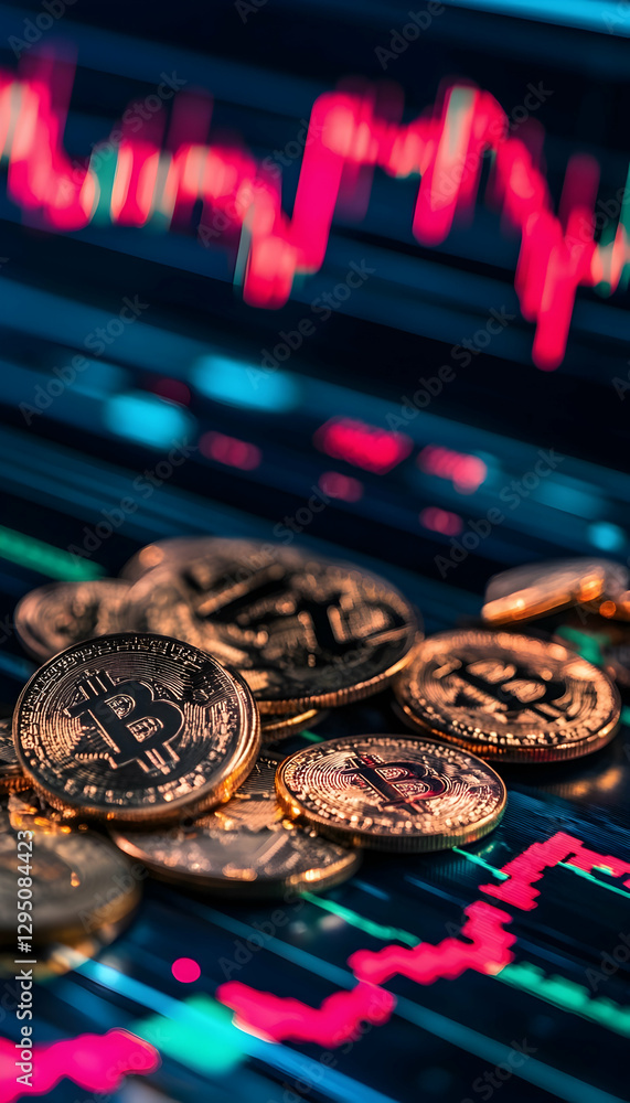 Poster coins with a candlestick graph chart and digital background for trading concepts -