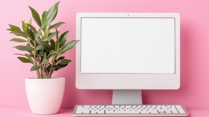 A vibrant pink desk showcases a sleek computer monitor and a modern keyboard, creating a stylish workspace environment.