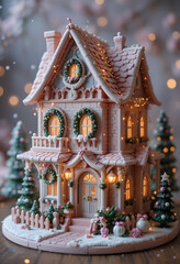 Festive Holiday Gingerbread House Miniature with Christmas Decorations and Lights