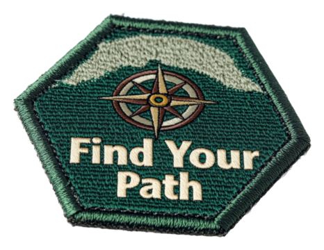 Empowering journey patch outdoor adventure textile nature inspiration. Patch design isolated