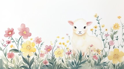 Sheep in flower grass field in Spring.