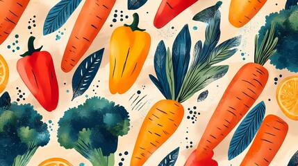 Bohemian flat illustration background for Veggie Month, featuring hand-drawn vegetables like carrots, broccoli, and bell peppers arranged in an artistic pattern with organic shapes and earthy tones