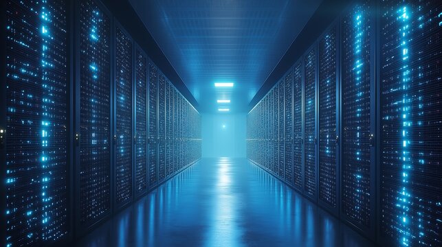 Secure Server Farm with Neon Glow &ndash; Perfect for Tech Branding & Advertising