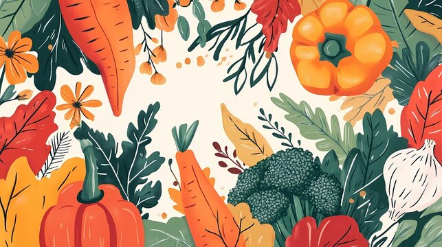 Veggie Month bohemian flat design background showcasing abstract vegetable illustrations, botanical elements, and rustic textures. Incorporate bold, unique color harmonies