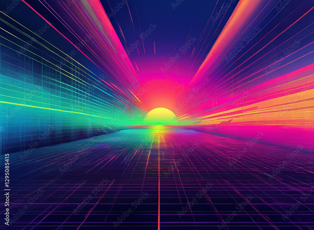 Poster vibrant abstract background with perspective lines converging to a glowing sun on the horizon. color