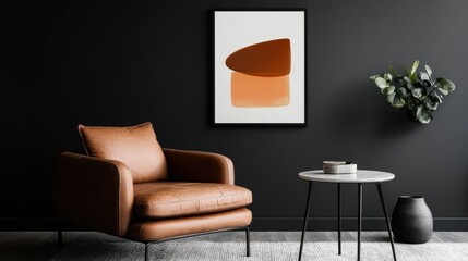 A modern room features a sleek chair and a stylish table against a striking black wall, creating a bold and contemporary atmosphere.