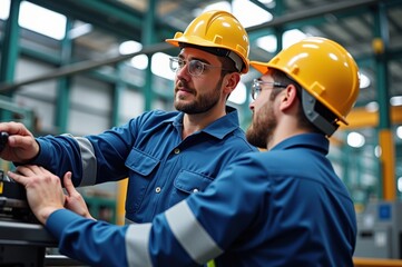 Two Skilled Male Workers Collaborating in an Industrial Workshop, Engaged in Machinery Adjustment, Both Wearing Yellow Hard Hats and Protective Eyewear