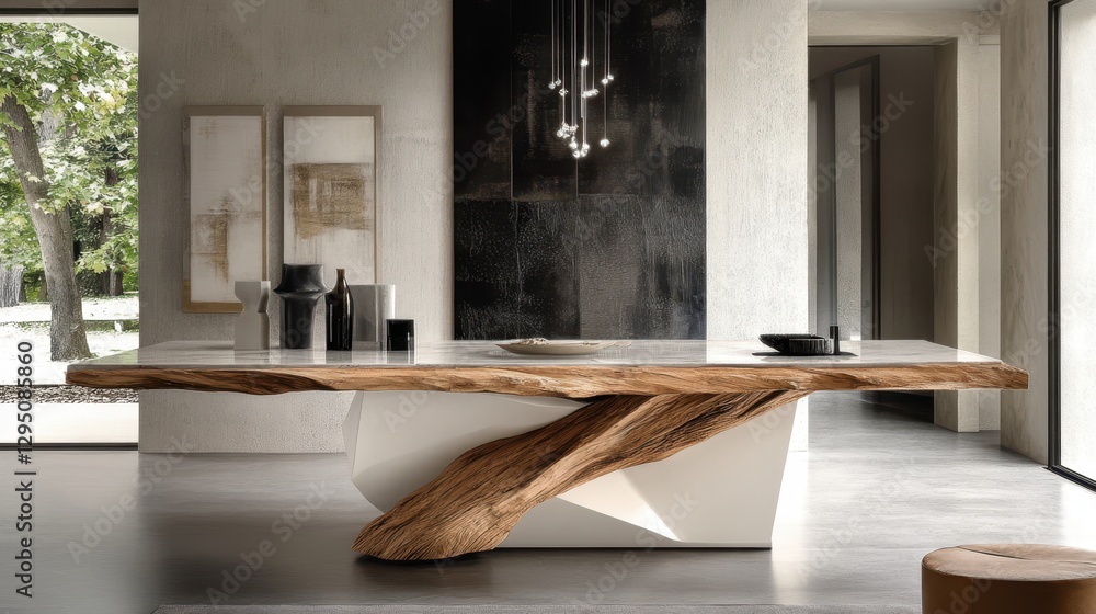 Poster a spacious room features a large wooden table resting on a sleek white base, creating a modern and i