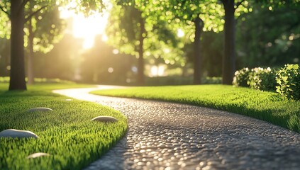 Fototapeta premium Sunlit Stone Path Winding Through Lush Green Park at Sunset