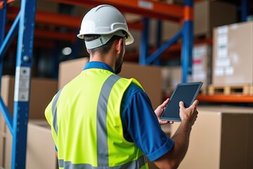 Warehouse Worker in Safety Vest Using Tablet to Manage Inventory and Logistics in Industrial Storage Facility