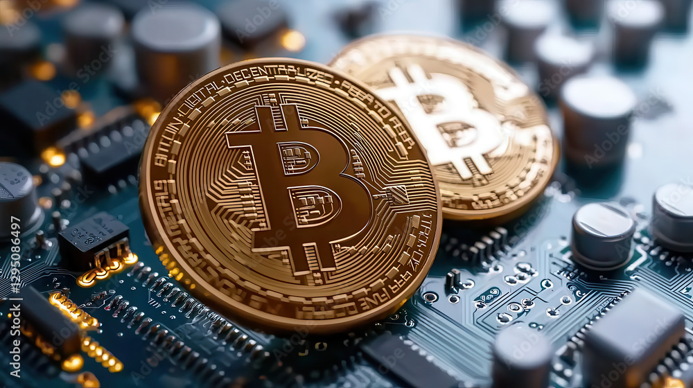 Fototapete golden bitcoin coins rest on digital circuit board, symbolizing cryptocurrency and blockchain techno