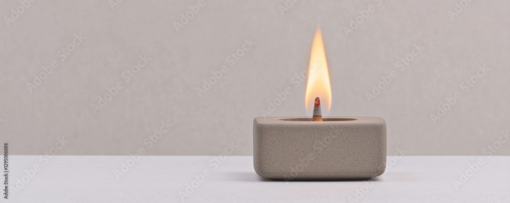 Poster self care routine concepts. candle flame in a minimalist concrete holder on a simple background.