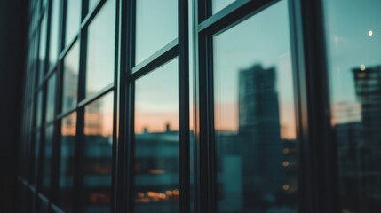 Fototapeta premium A detailed close-up of a window frame, showcasing a vibrant cityscape in the background, highlighting urban architecture and city life.