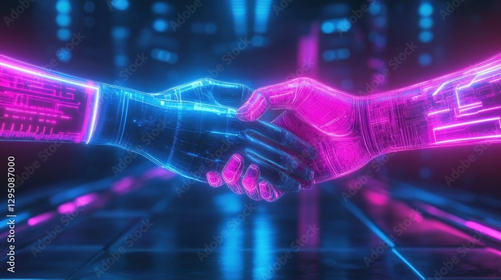 Leinwandbilder digital avatars engage in metaverse social interaction through a handshake in a vibrant, futuristic 