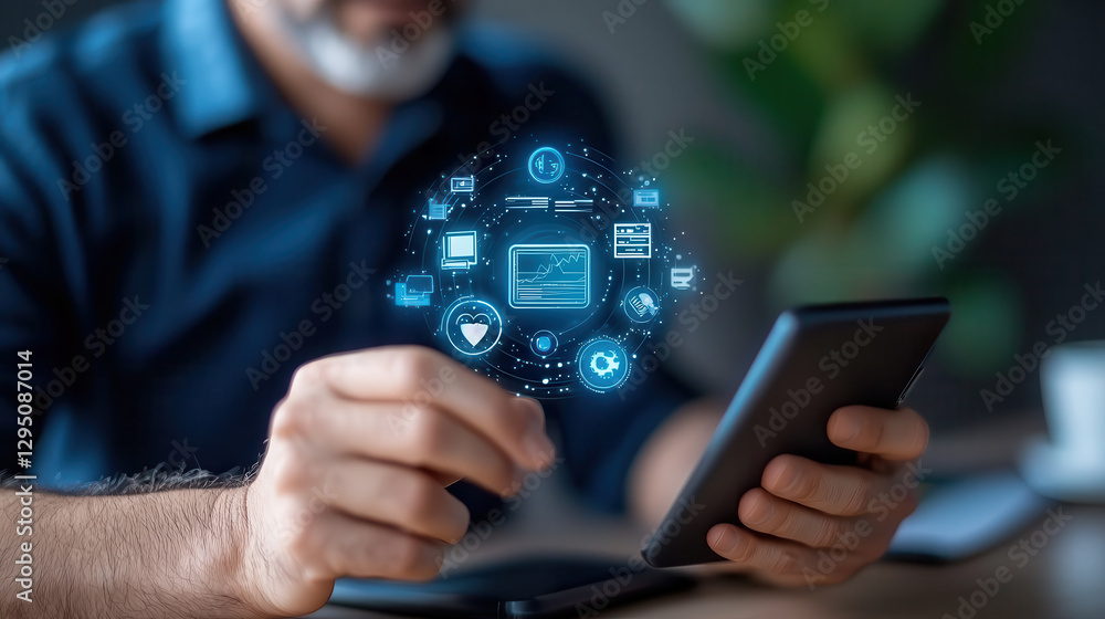 Aufkleber person interacts with smartphone, surrounded by digital icons representing technology and communicat