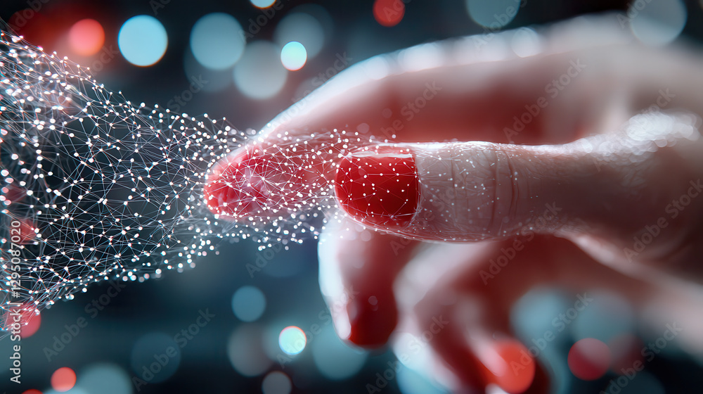 Fototapete hand with red nail polish interacts with digital network, symbolizing cybersecurity in global finance and secure online transactions. image conveys sense of technology and connectivity
