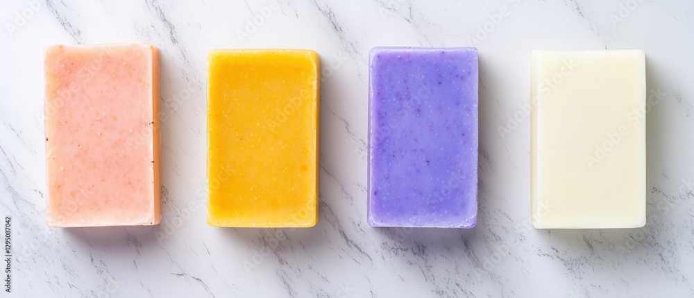 Poster self care routine concepts. four colorful soap bars arranged on a marble surface.