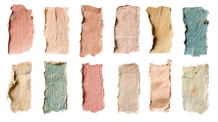 Assorted ripped textured paper strips isolated on transparent background - cut-out vintage collage design elements for text and messages.