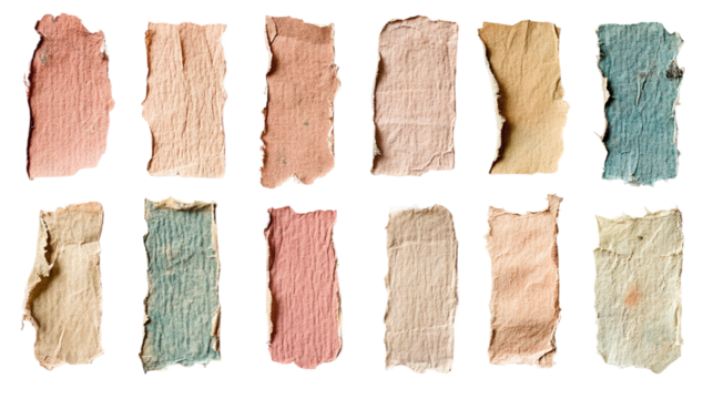 Assorted ripped textured paper strips isolated on transparent background - cut-out vintage collage design elements for text and messages.