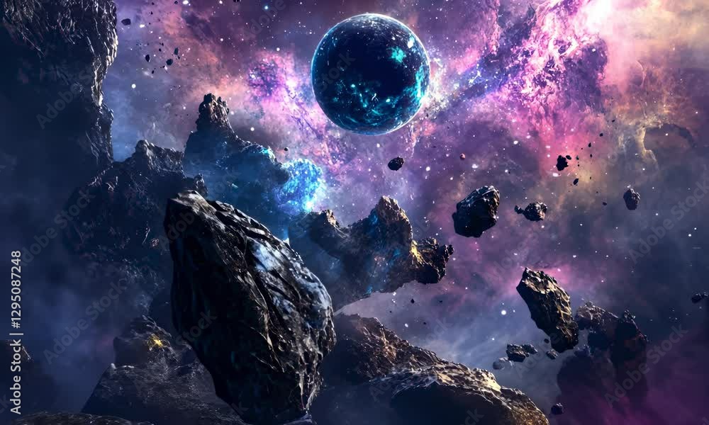 Poster cosmic outer space abyss with planets and asteroids surrounding it, abstract galaxy landscape, profe