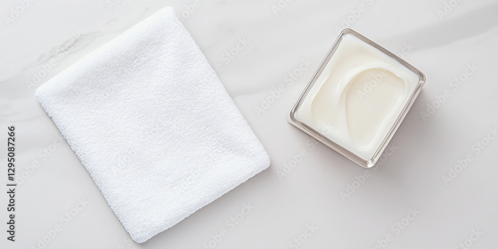 Poster self care routine concepts. luxurious skincare cream with a towel on a light surface.