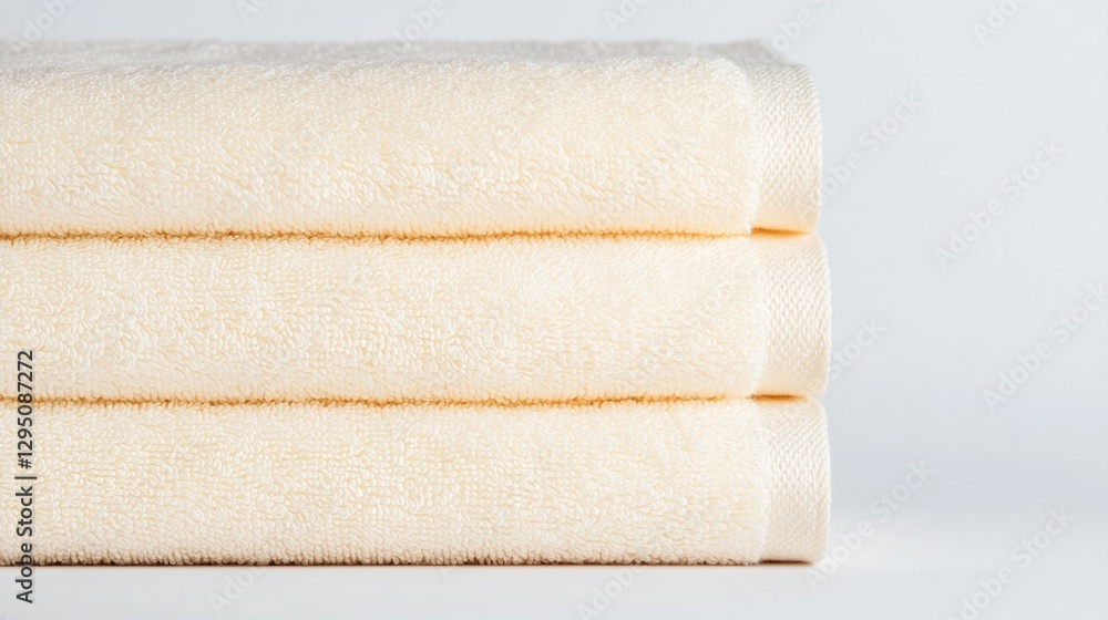 Poster self care routine concepts. stacked soft beige towels on a light background.