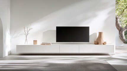 A television is placed on a stand in a room, complemented by the presence of a tree, creating a cozy and modern atmosphere.