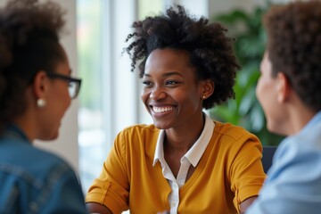 A joyful young African American woman in a bright orange shirt smiles while engaged in an animated discussion with two peers in a well-lit indoor setting.