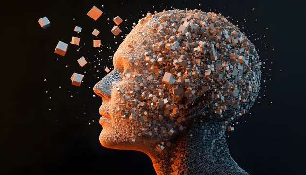 Abstract human head composed of small squares and particles