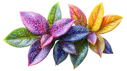 Brightly colored polka dot plant with green and purple leaves isolated on transparent background.