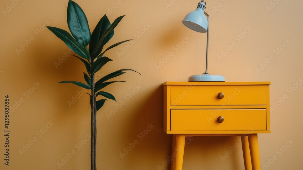 Poster a small yellow table featuring a stylish lamp, creating a warm and inviting atmosphere in the room.