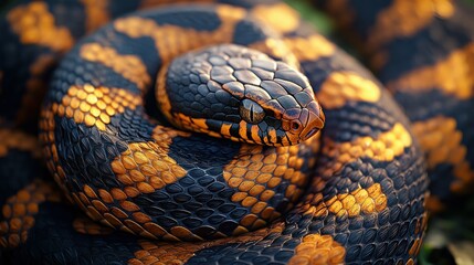 Obraz premium Close-up coiled snake on natural ground with blurred background