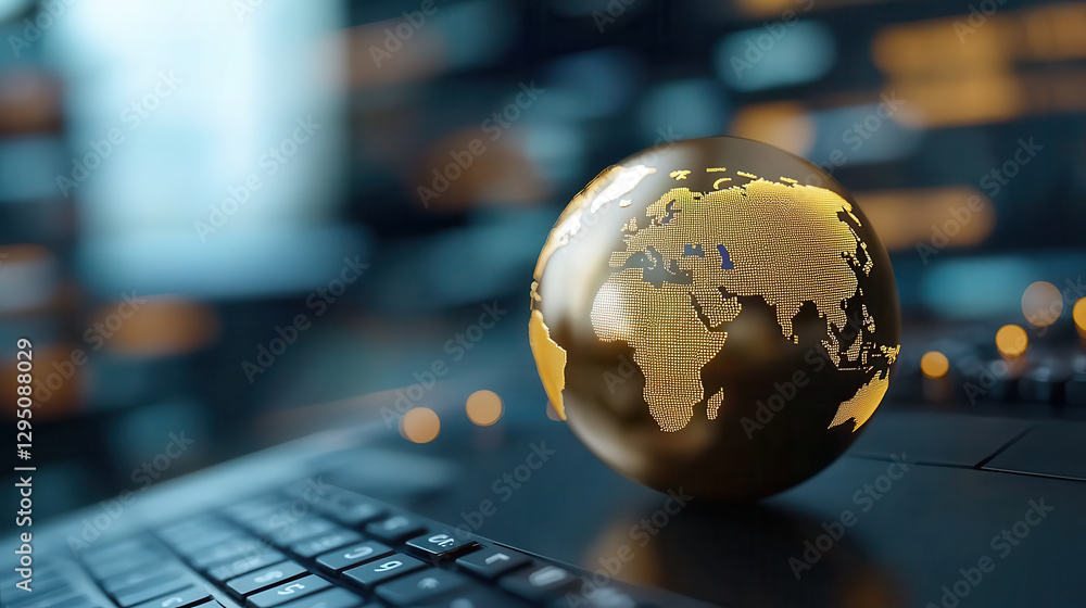 Poster golden globe with digital map sits on keyboard, symbolizing global trade and interconnected financia
