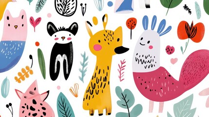 Colorful and Playful Animal Illustrations with Leafy Backgrounds