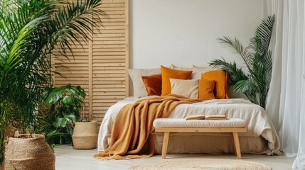 Modern Bedroom with Plants and Warm Hues