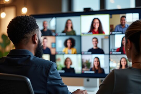 Diverse Group of Professionals Engaging in a Virtual Meeting on a Large Screen, Featuring Participants of Varying Ages and Genders, Including Black and Latinx Individuals