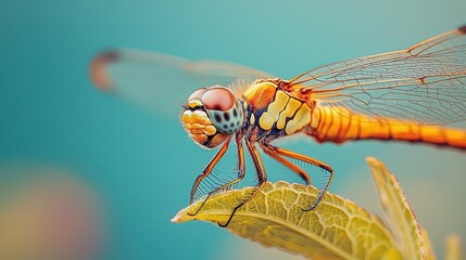 Close-up dragonfly perched on leaf, vibrant colors, out-of-focus background
