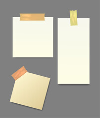 Set of note papers with adhesive tape on gray background. Vector illustration.