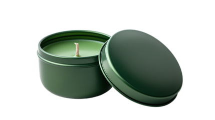 Green candle tin metal with lid flatlay on transparent background for elegant home decor, spa, aromatherapy, and relaxation projects.