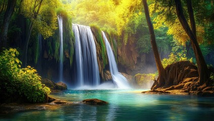 Fototapeta premium Golden Waterfall in Lush Tropical Forest