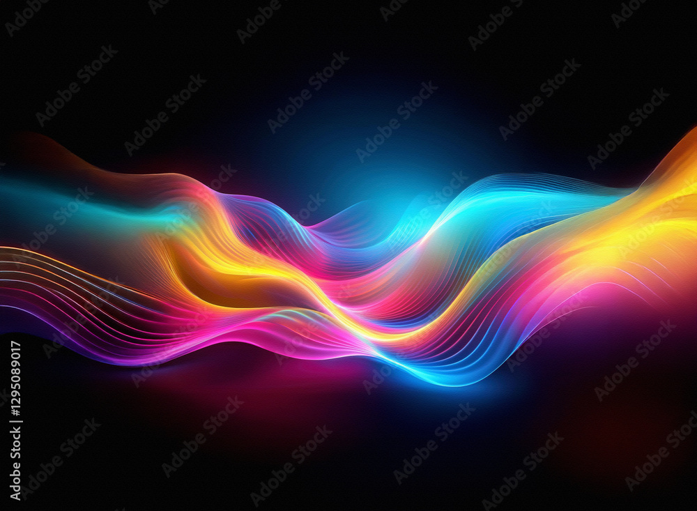 Poster abstract flowing waves of vibrant colors illuminate a dark background. smooth curves and bright hues