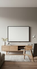Modern Minimalist Living Room Interior Design with Wooden Furniture and Large Blank Screen