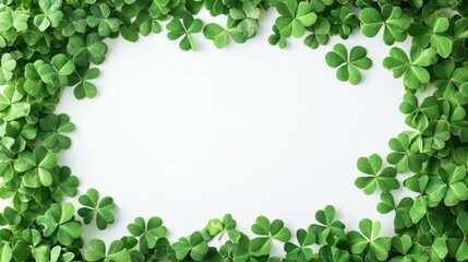 Fototapeta premium Green Clover Leaves Frame on White Background for Nature and St. Patrick's Day Celebrations