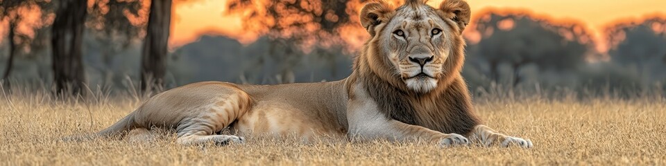 Majestic Lion Resting in African Savannah at Sunset with Vibrant Orange Sky, Capturing Wildlife Serenity and Natural Beauty, Sublime Safari Experience