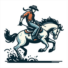 A cowboy on a rearing horse, swinging a lasso