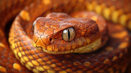 Fototapeta premium Close-up of a coiled venomous snake, detailed scales, and eye